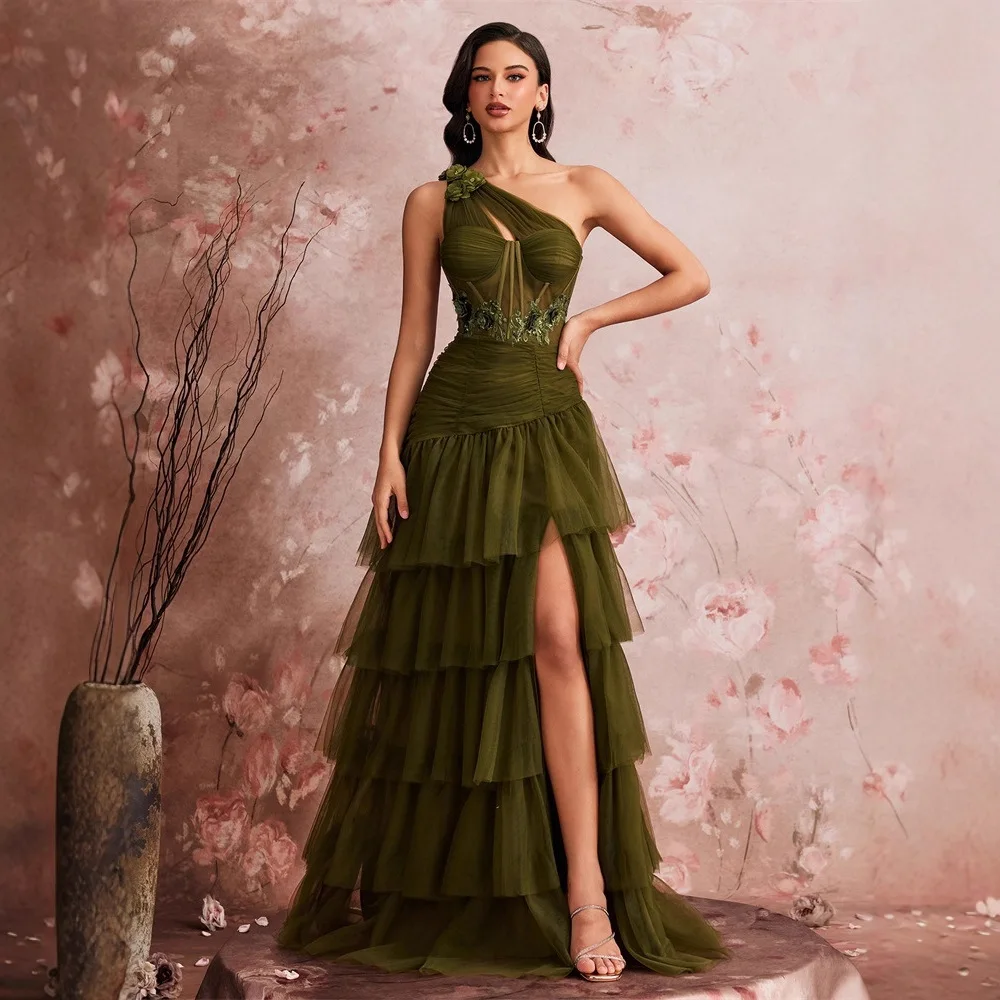 One Shoulder 3D Floral Corset Lace Embroidered Tiered Tulle Maxi Dress Olive Green High Slit Fairy Evening Gala Gown