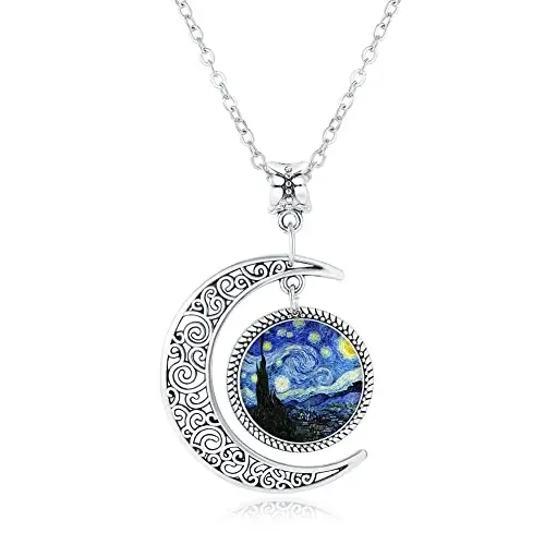 

2025 Fashion Colorful Starry Sky Round Painted Necklace Silver Pattern Moon Necklace for Women Birthday Party Jewelry