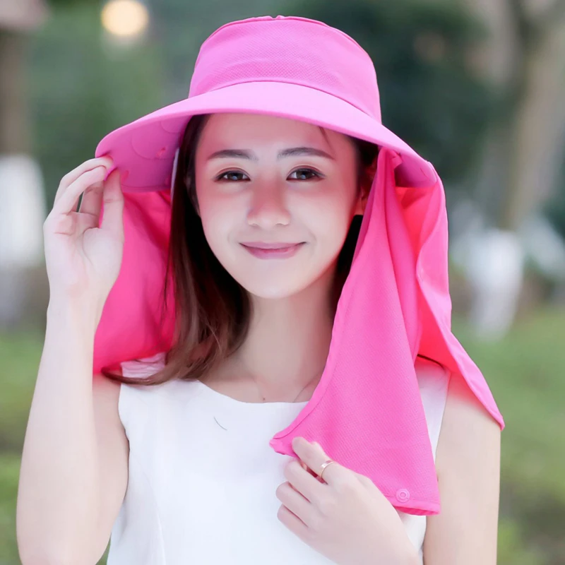 Fashion Women Summer Outdoor Riding Anti-UV Sun Hat Beach Foldable Sunscreen Simple Solid Color Caps Neck Face Wide Brim Hat