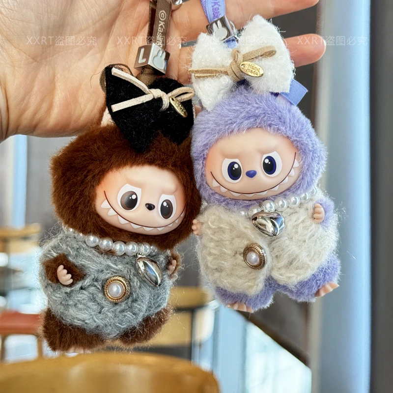 

For 4th Gen Mini Labubu Heart Code Keychain Luxury Outfit Set with Pearl Necklace Vest & Bow Hair Accessories for Mini Labubu
