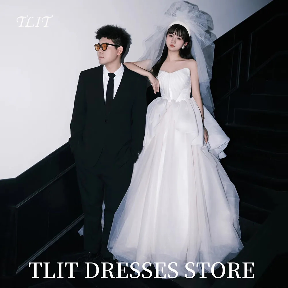 

TLIT Lovely White Tulle A-Line Wedding Dresses Sweetheart Draped Bridal Gowns Korea Wedding Dress Photo Shoot 웨딩드레스 Customized