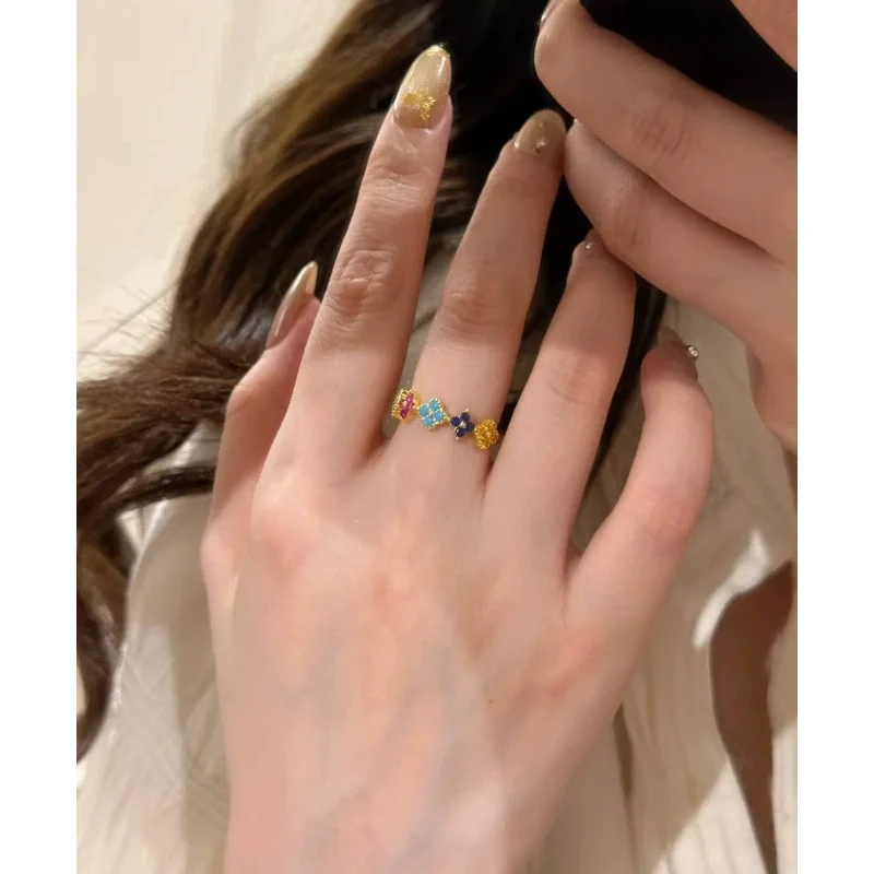 925 Sterling Silver Colorful Four-Leaf Petal Ring for Women Light Luxury, High-End, Trendy Fashion Fine Jewelry Gifts