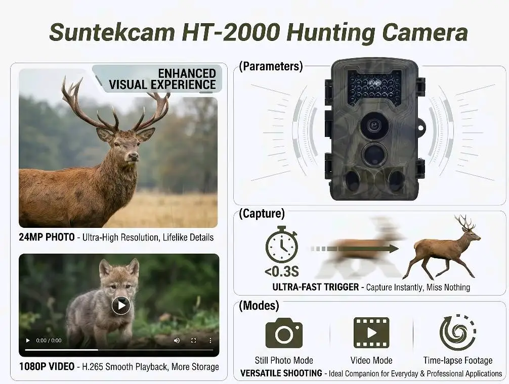 

Suntekcam HT2000 Trail Camera 24MP 1080P HD 0.3s Trigger 120° PIR Motion Detector 65ft Night Vision IP65 Waterproof Wildlife Ph
