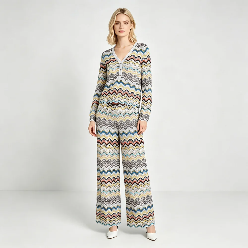Fashionable Retro Chevron Knit 2 Piece Set Women Long Sleeve V Neck Top Wide Leg Pants Casual Outing Beach Vacation Outfit