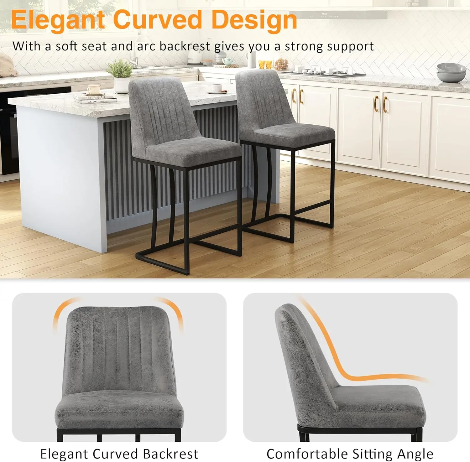 طقم مقاعد بار منجدة مقاس 24.8 بوصة مكون من 4 قطع، كراسي جزيرة المطبخ الحديثة مع مسند للقدمين، أرجل معدنية سوداء، رمادي