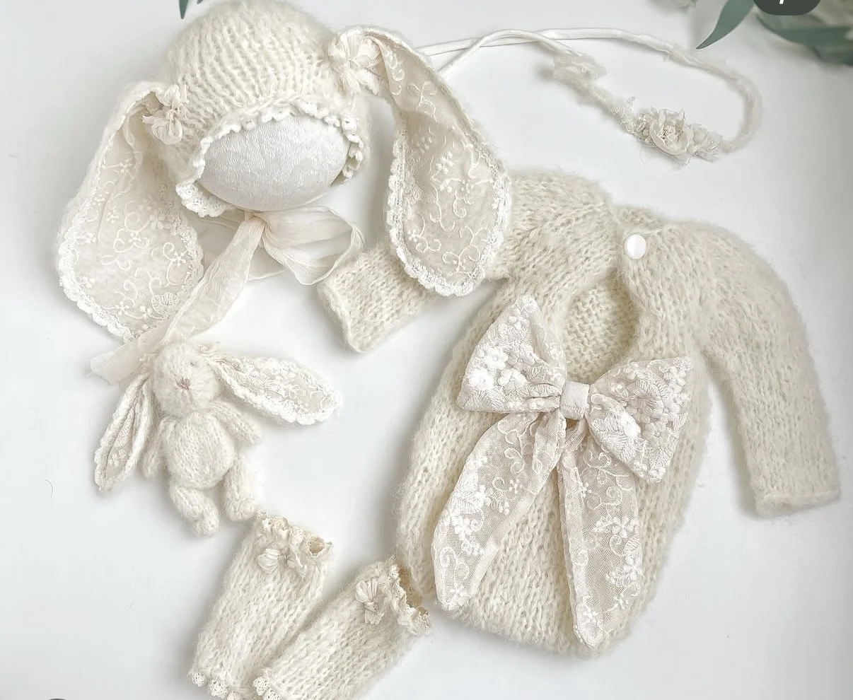 Newborn Baby Photography Props Knitted Bunny Ear Hat Romper Socks Set Infant Photo Shoot Outfit