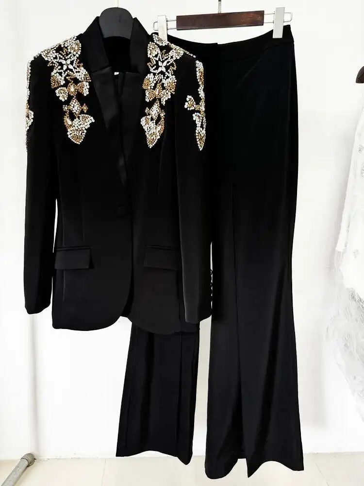 HIGH STREET Newest Designer Suit Women Beaded Diamonds Stand Collar Single Button Blazer Wide-Leg Pants Set 2PCS