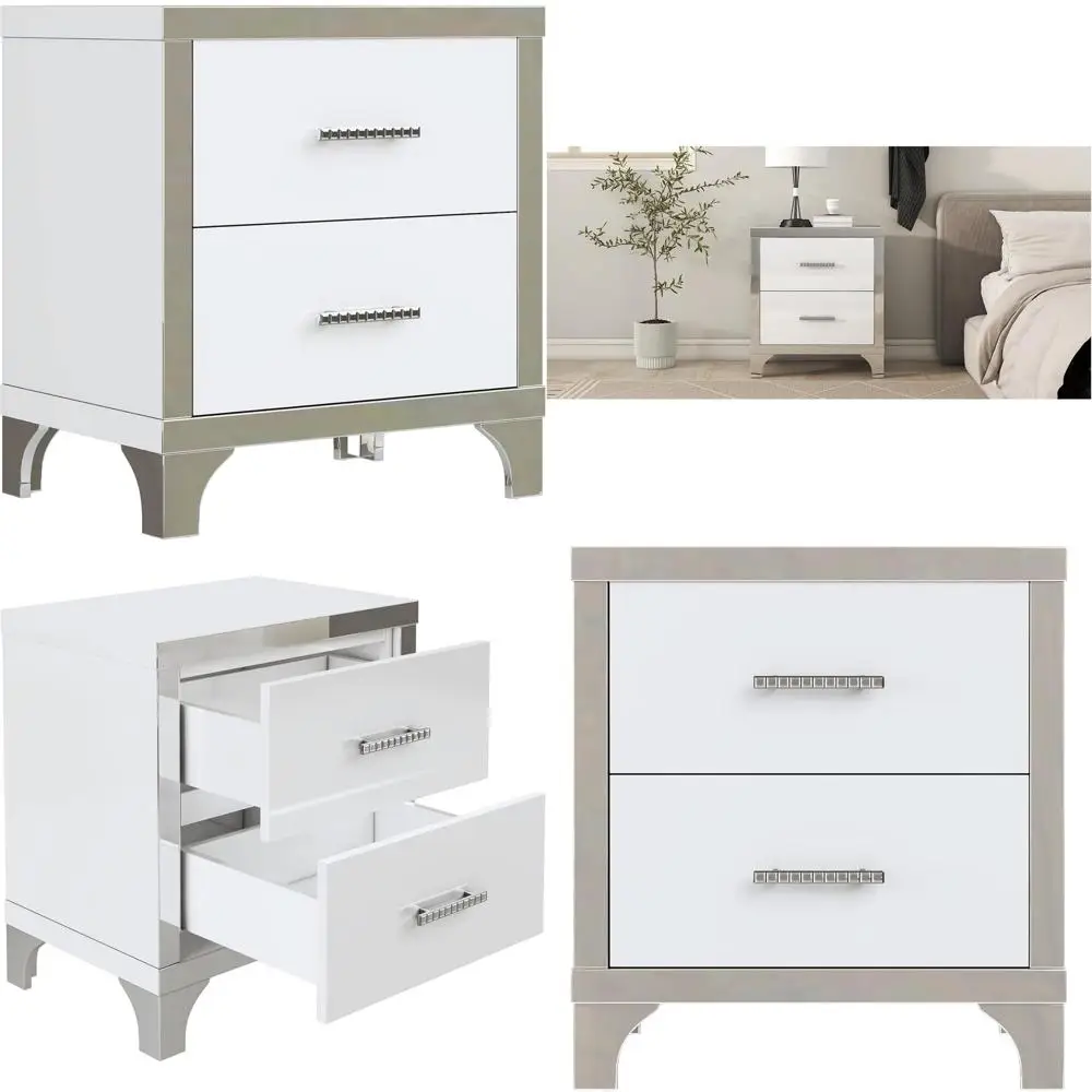 

Глянцевая тумбочка с металлическими ручками, зеркальной столешницей и 2 ящиками для спальни или гостиной, белая