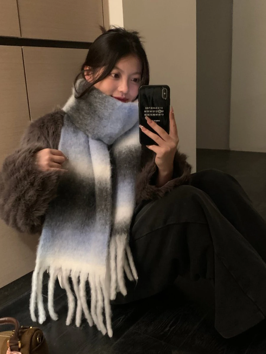 

Womens Woolen Color Block Striped Scarf for Winter 2025 New Warm Thickened Anti-Cold Neck Warmer