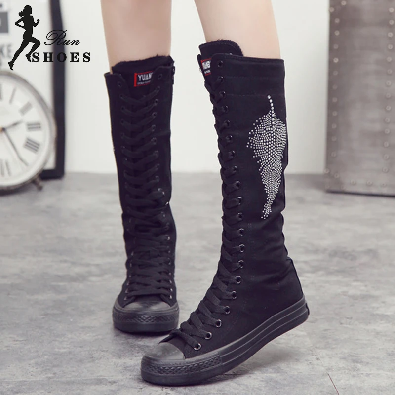 Girl Cheerleaders Dance Boots High-top Crystal Leaf Flat Shoes Long-barreled Casual Flats Canvas Boots Round Toe Lace-up Boots