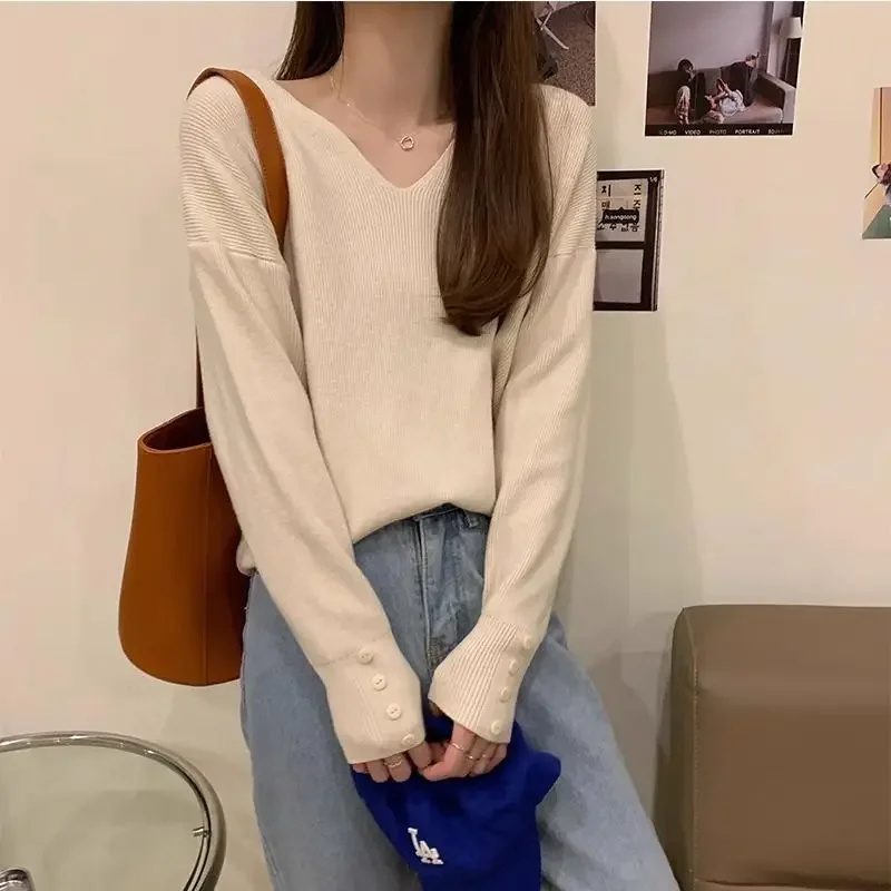 

Spring Lazy Style Elegant Hot Girl Knitted Top Polo Collar Slee Low-Neck Knitted Base Shirt Women's Inner Wear V-Neck Sweater
