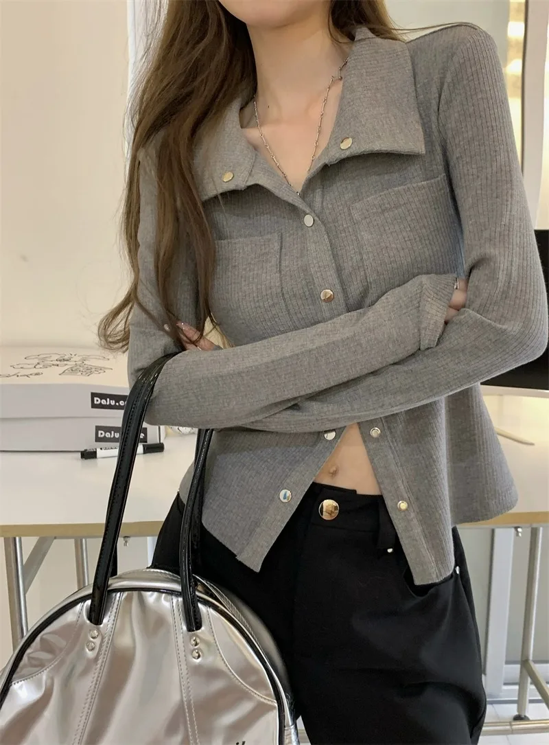 Gray Base Layer Shirt Women's Fashionable Long Sleeve Korean Style Commute Wind Shirt Autumn New Design Sensation Top Trendy