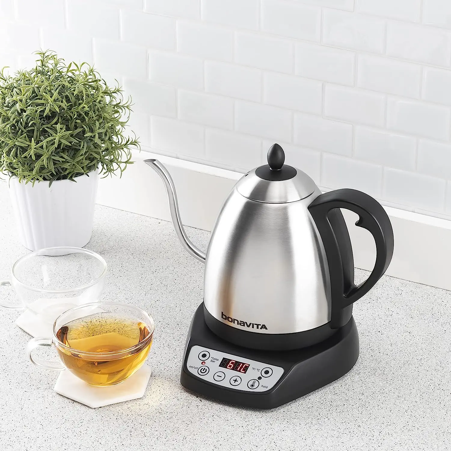 Bonavita-Electric Gooseneck Kettle, Digital Variable Temperature, Coffee Brew, Tea Pour Control, 6 Preset, 1000W, Stainless Stee