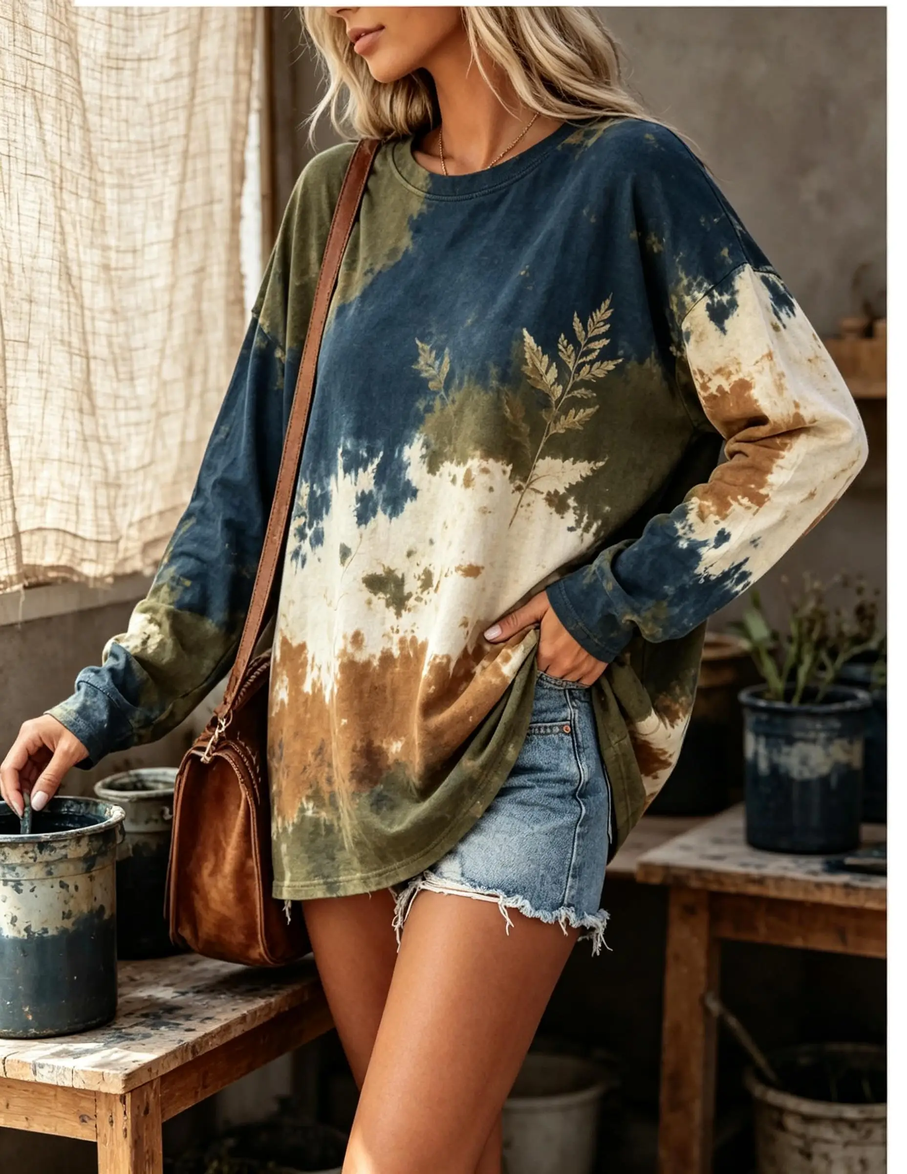 Women Crew Neck Long Sleeve T Shirt Faux Tie Dye Botanical Leaf Flat Print Oversized Loose Casual Top