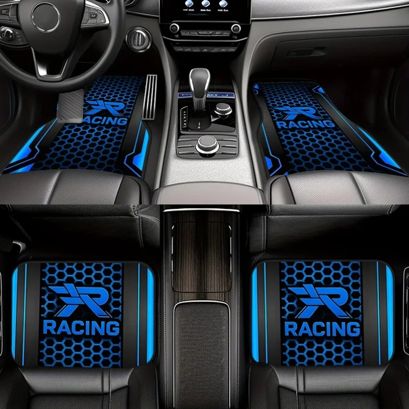 Image of 4 Stück Polyester-Faser Autofußmatten mit Rennsport-Wabenmuster, Geometrisches Muster, Bedruckt, Modisch, Verschleißfest und Stabil