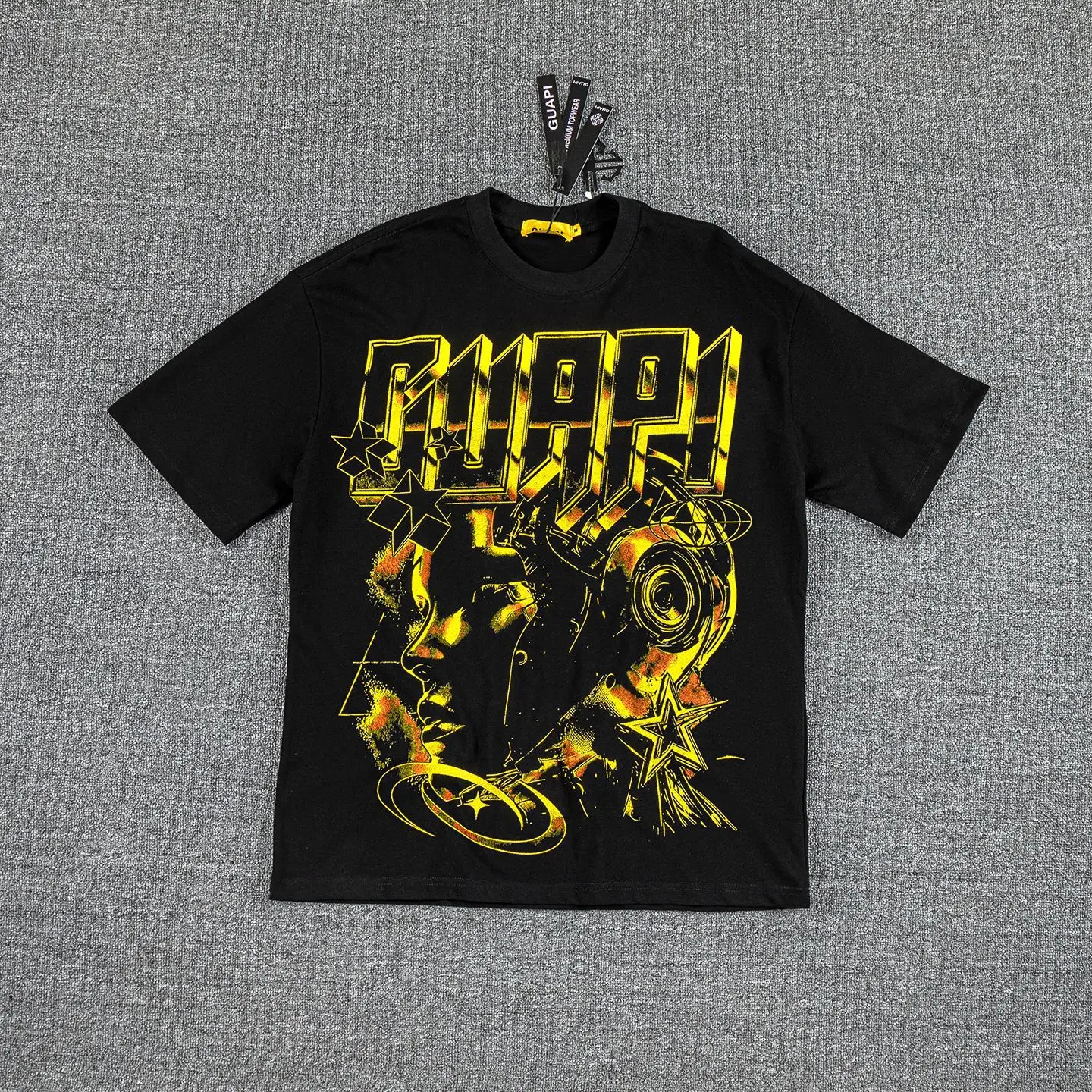 Guapi Retro Cyber Human Portrait Short Sleeve Golden Contrast Retro Heavy Wash T-Shirt