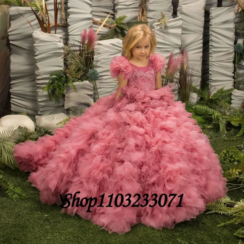 Customized Gorgeous Flower Girl Dress Lace Puff Sleeve Cute Child Kids Princess Birthday Festival Party First Communion Dress