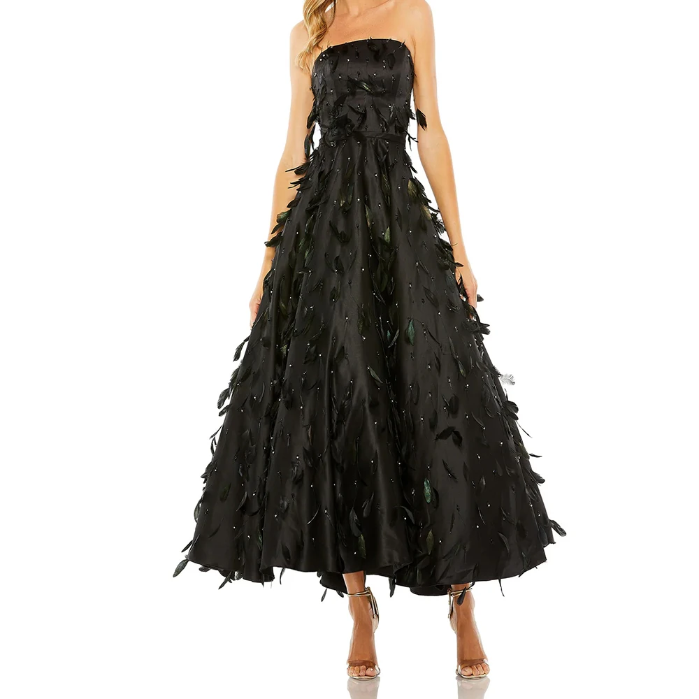

Customized A-line Evening Dresses Tea-length Strapless Sleeveless Prom Gown Fashion Feathers Crystal Simple Draped Party Gown
