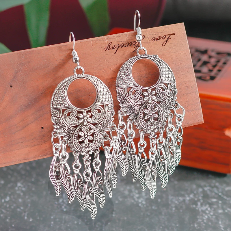 Aihua Vintage Tibet Silber Farbe große Aussage hohle geschnitzte Blumen geometrische Muster Blätter Quaste Tropfen Ohrringe für Frauen – Detail 11