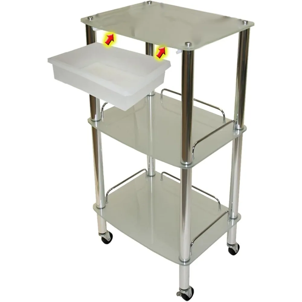 عربة أسطوانية من الزجاج والكروم المدمج ورف عرض المنتج ومعدات التجميل لصالونات التجميل #2