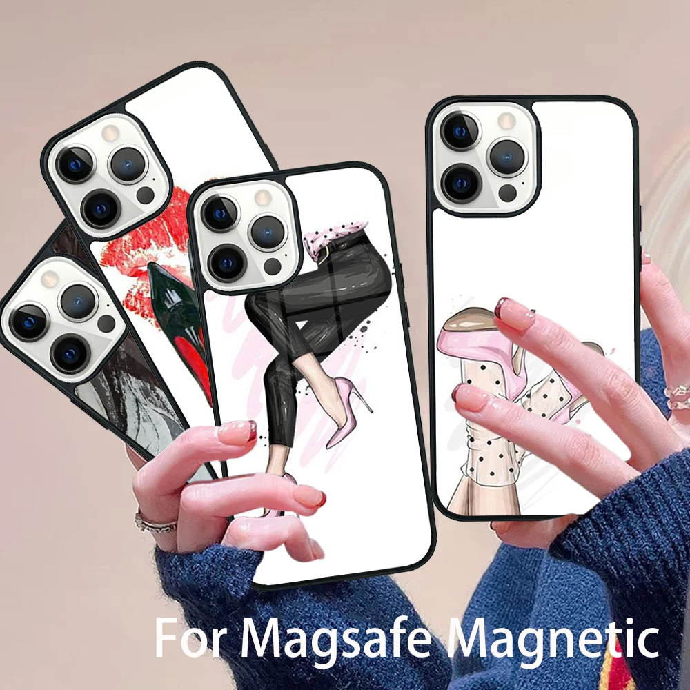 

High Heels Girl Fashion Phone Case Magesafe Magnetic Wireless Charge Cover For IPhone 16 11 12 13 14 15 Pro Max Plus Mini