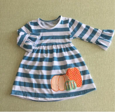 

No Moq Toddler Girl Pumpkin Bows Embroidery Green Stripes Girls Fall Knee Length Dress