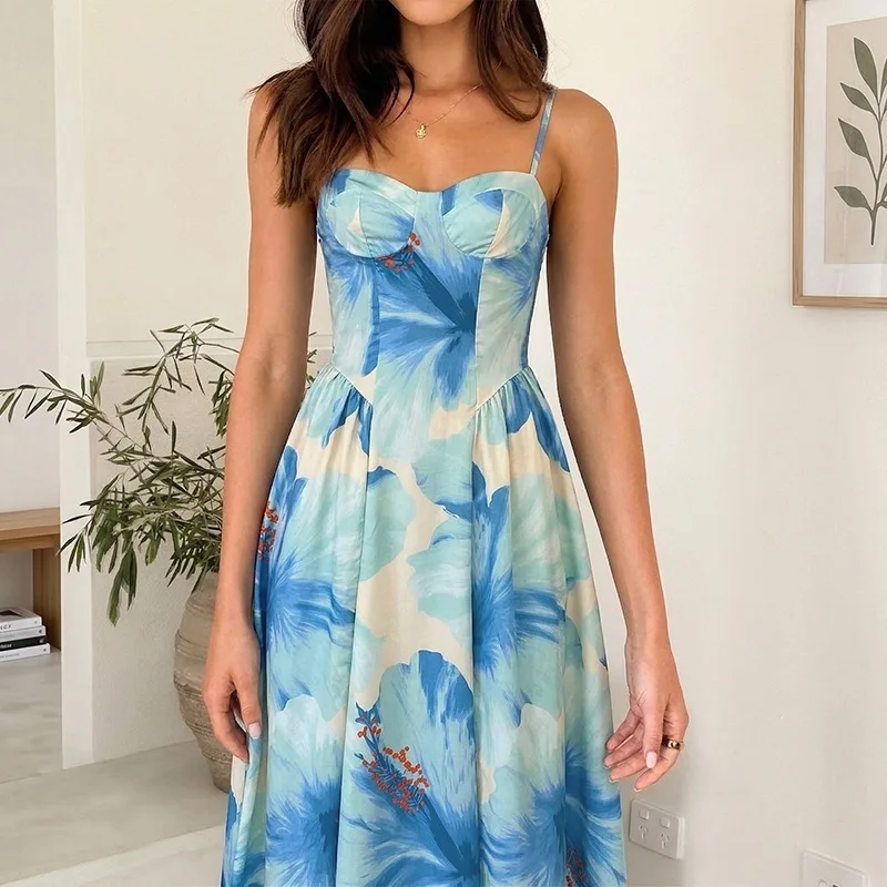 Women's Floral Print Spaghetti Strap Sweetheart Neck Sleeveless High Waist A Line Comfortable Versatile Trendy Flowy Maxi Dress