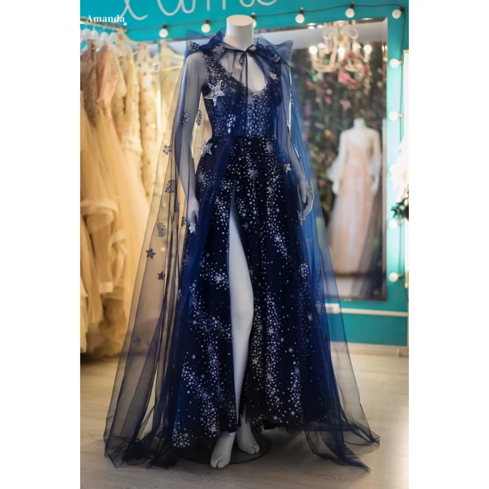 

Amanda Customized Navy Blue Sequins Beaded Prom Dresses Spaghetti Strap V Neck vestidos de noche Shawl Two-Piece Formal Evening