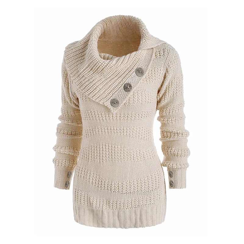 Dressfo New Women's Top Solid Color Textured Sweater Mock Button Folded Long Sleeve Top ropa de mujer
