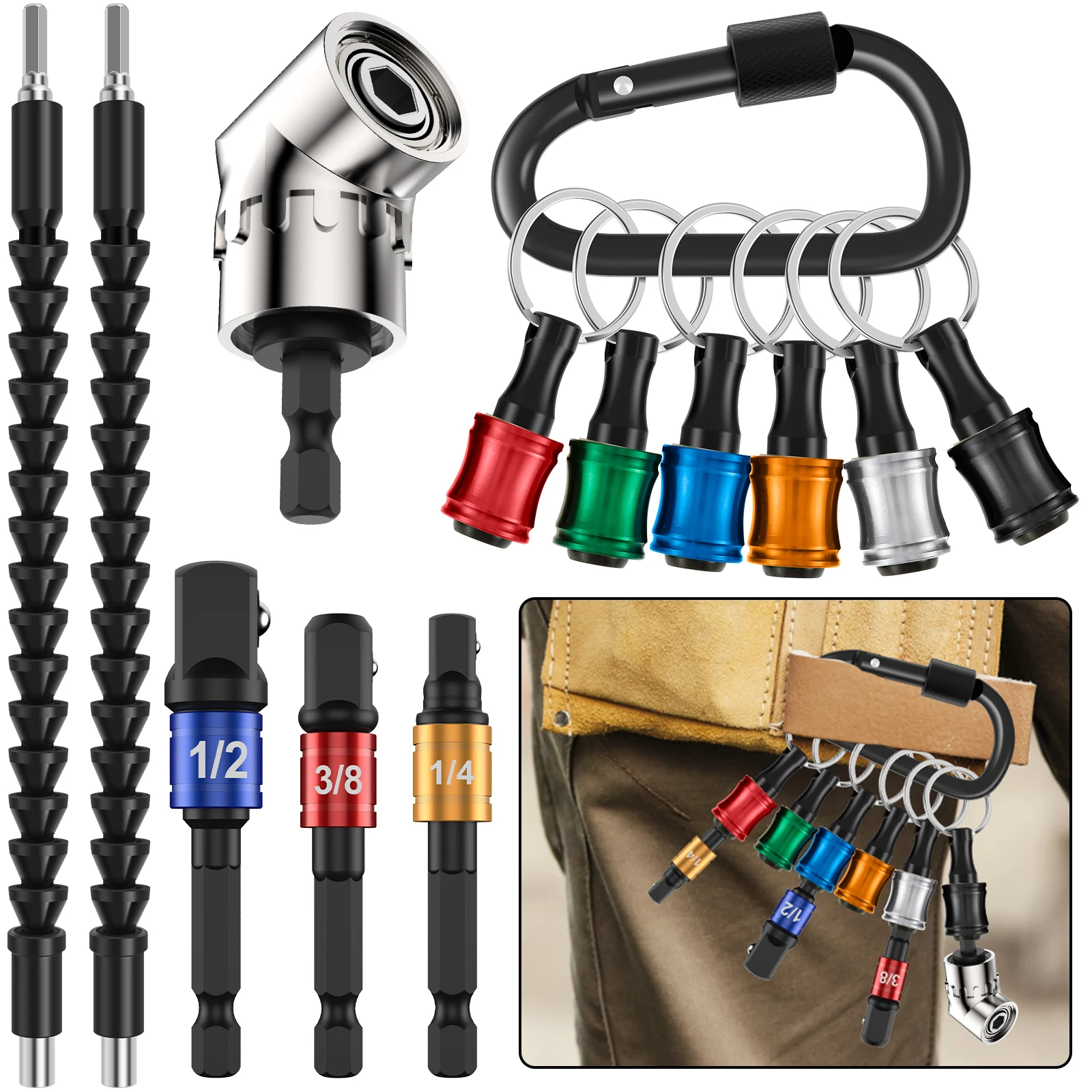 

6Pcs 1/4 Inch Hex Shank Screwdriver Bit Holder Aluminum Alloy Bit Holder Keychain with 1/4inch 3/8inch 1/2inch Drill Socket