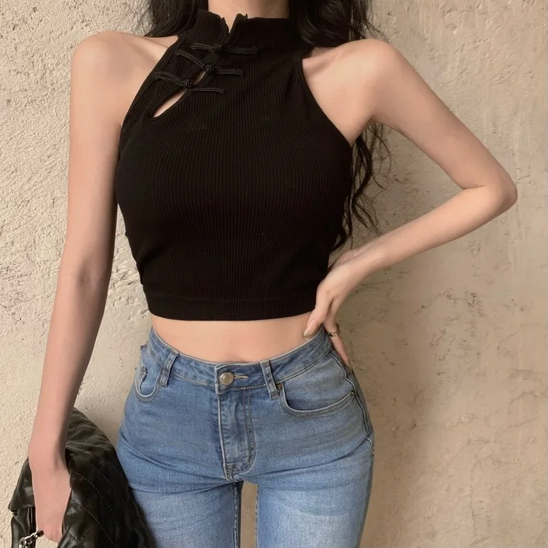 2025 الصيف النساء خمر الصينية زر الأبيض تانك القمم الرسن القمم س الرقبة لطيف Y2k المحاصيل القمم قبالة الكتف القمم للفتيات