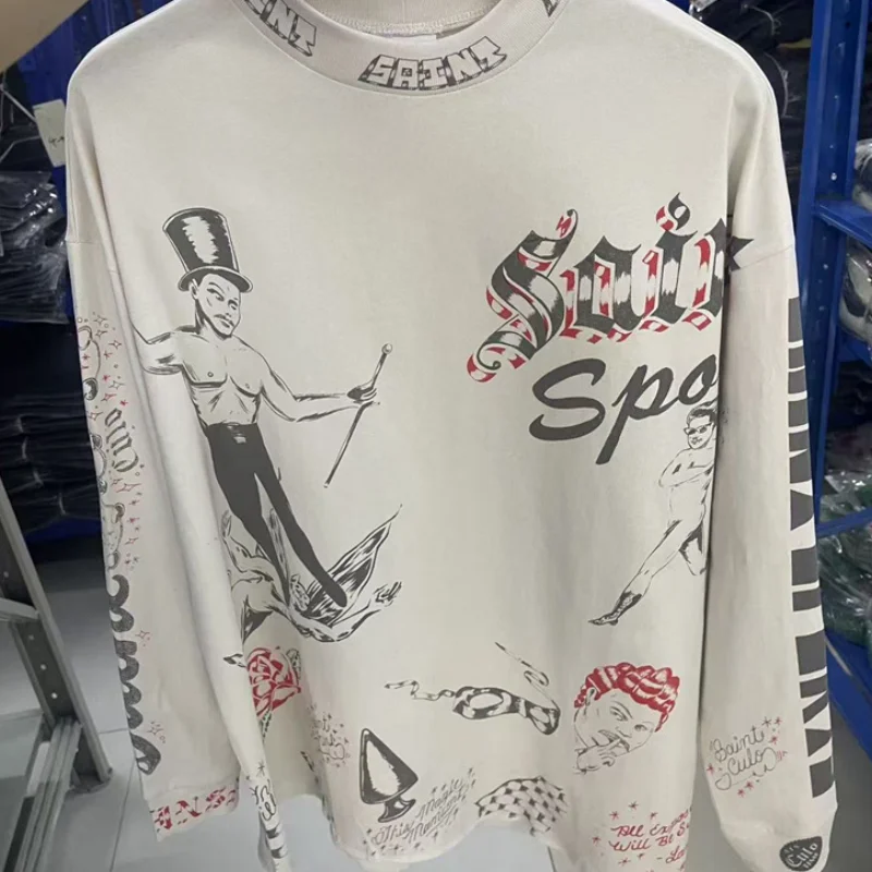 

25AW Graffiti Illustration Printed White Saint T Shirt Washed do old Men Women Hooded Long Sleeve T-shirt