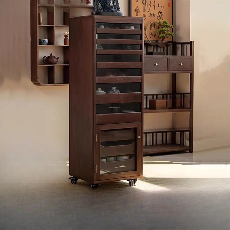Solid wood Wenwan storage cabinet Floor-to-ceiling black walnut side cabinet Tea and tea set cabinet