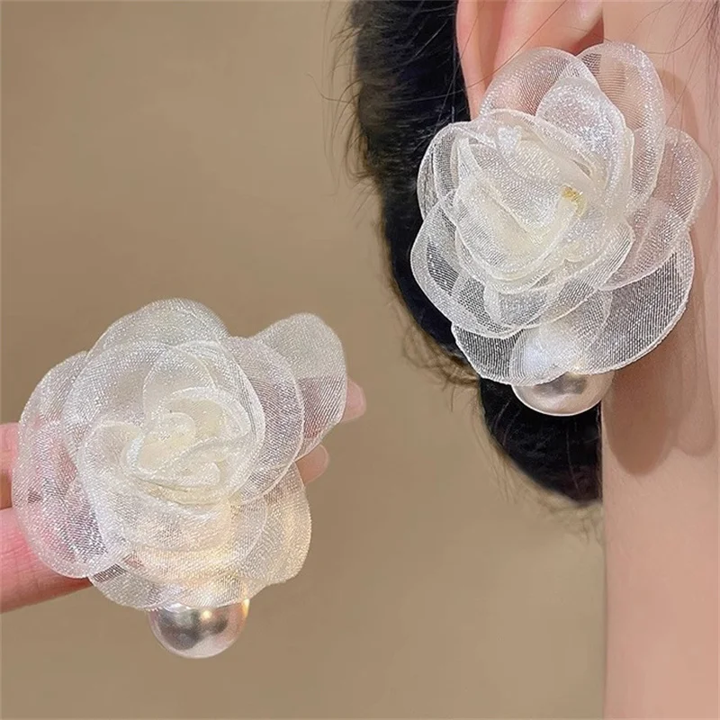 1Pair Organza Chiffon Pearl Flower Dangle Earrings Superior Delicate Sweet French Vintage Earrings Party Accessories Gifts