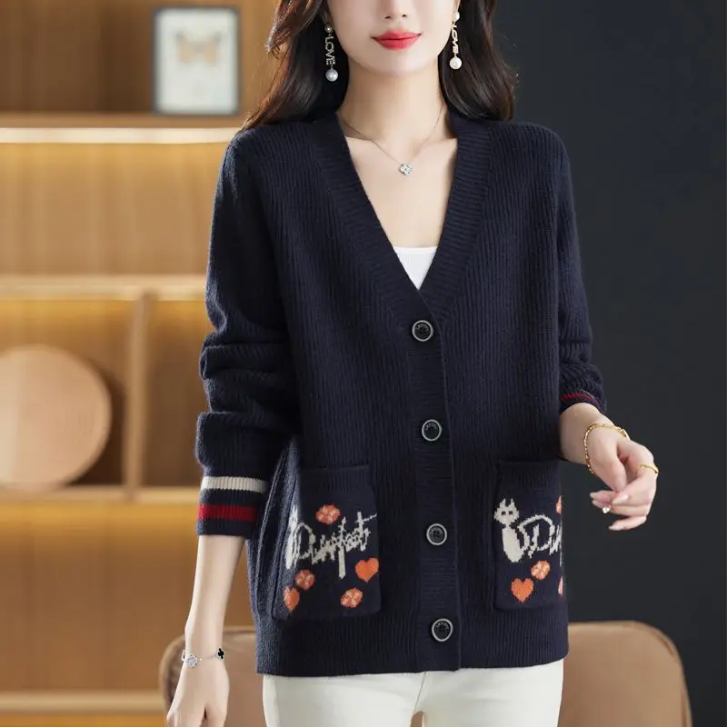 V-neck Pocket Knitting Cardigan Coat Women Autumn Winter Fashion Loose Solid Color Sweater Elegant All-match Trend Knitwear Tops