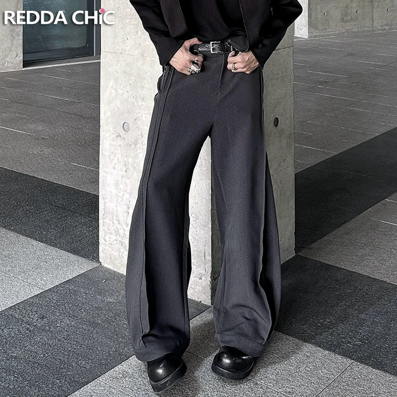 

ReddaChic Silhouette Black Trousers for Men Unisex Street Style Cleanfit Pleated Wide Leg Barrel Pants Acubi Fashion Clothes