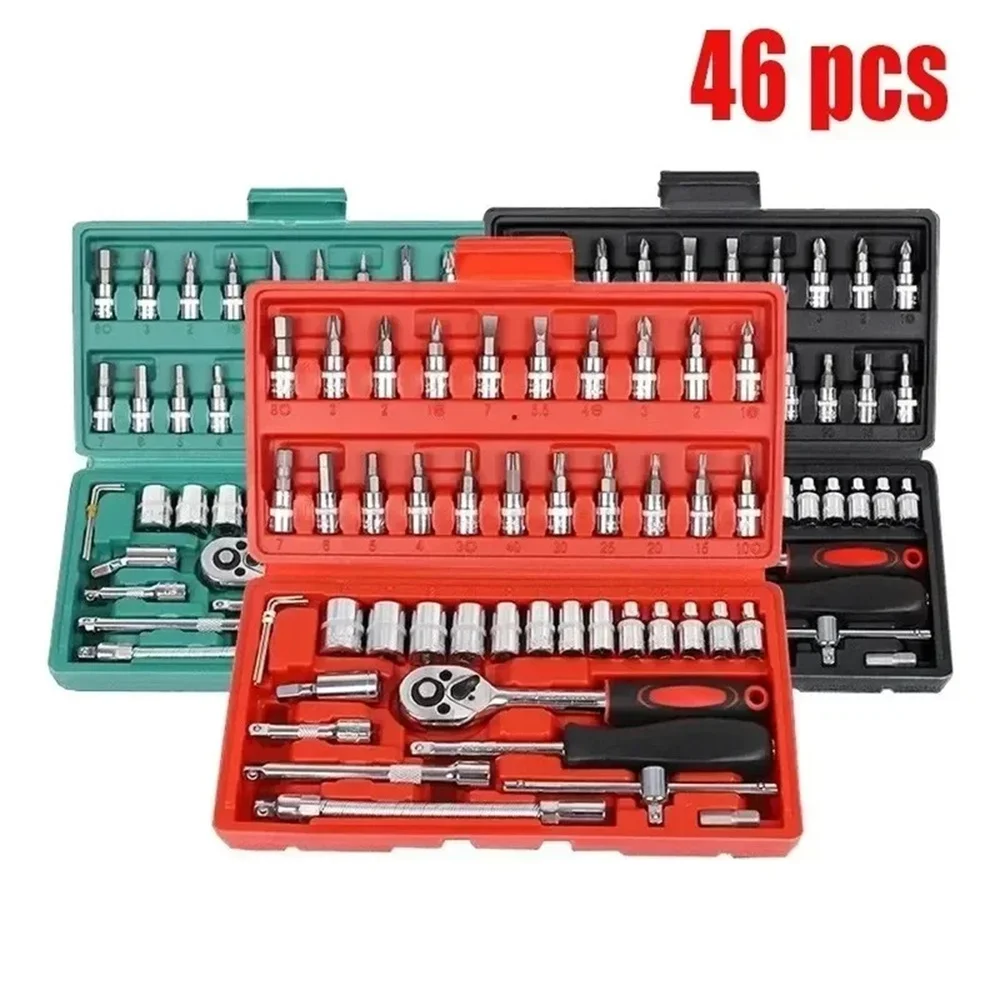 46pcs Multi-functional Car Motorcycle Repair Tools Repair Tools 1/4 Inch Drive Socket Ratchet Wrench Set Round Edge Drive Socket
