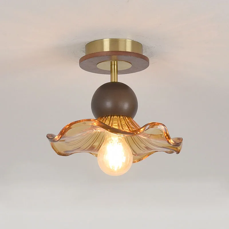 Vintage Entrance Ceiling Lamp Amber Glass Ceiling Light Flower Shape American Retro Hallway Aisle Balcony Passage Corridor Decor