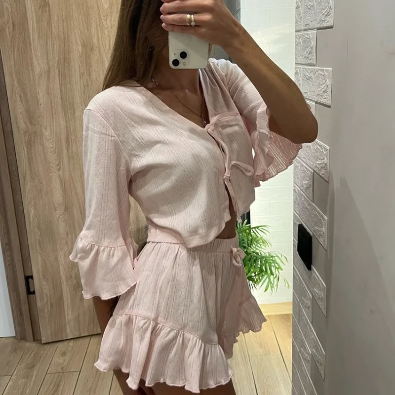 Cardigan Strap Pajamas Women's Ruffle Edge Short-sleeved Shorts Can Be Worn Outside, Comfortable and Breathable Loungewear Set