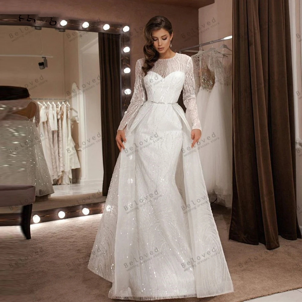 

Gorgeous Wedding Dresses Lace Appliques Shiny Bridal Gowns Full Sleeves O-Neck Floor Length Sheath Mermaid Vestidos De Novia