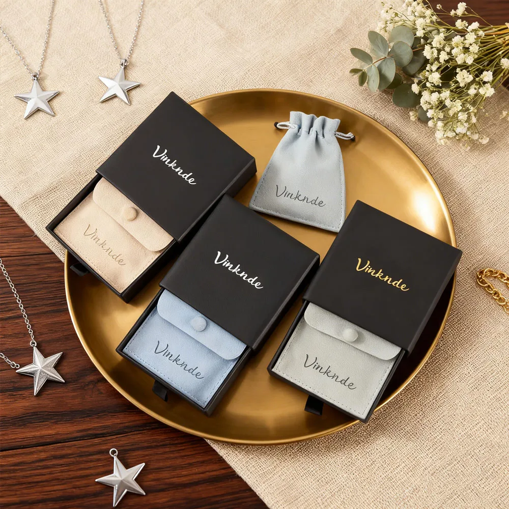 

Small 8x8cm Microfiber Suede Gift Bag Snap Button Pouch 9x9x3.2cm Black Paper Drawer Box Earring Jewelry Packaging Organizer