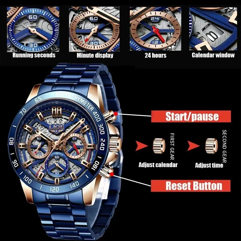 LIGE 2024 New Men Watch Top Brand Luxury Hollow Watch Men Waterproof Sport Quartz Chronograph Wrist Watch Man Relogio Masculino