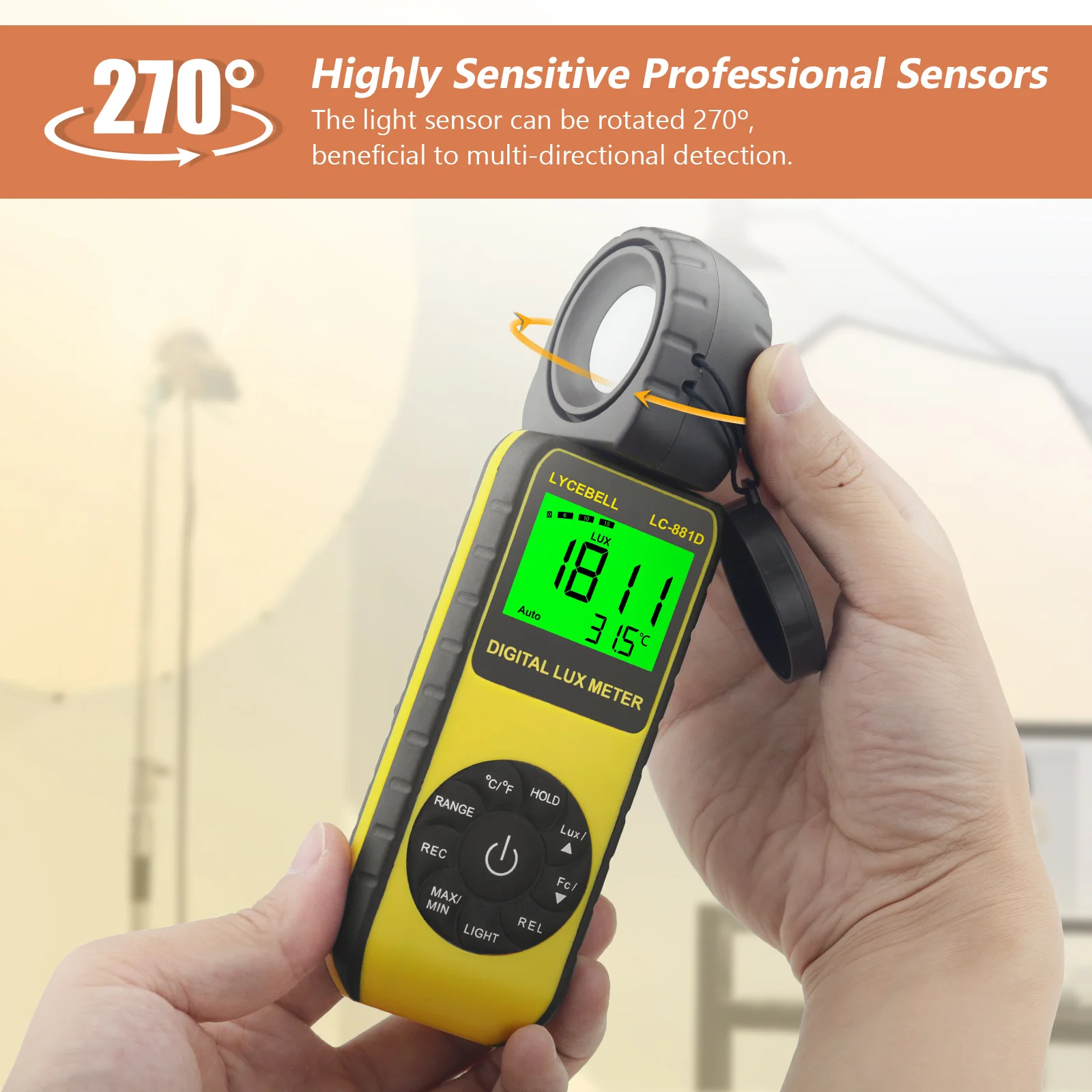 HP-881D Digital Illuminance Light Meter, 0.01~400,000 Lux Foot Candles Luxmeter with 270º Rotated Sensor Light Tester