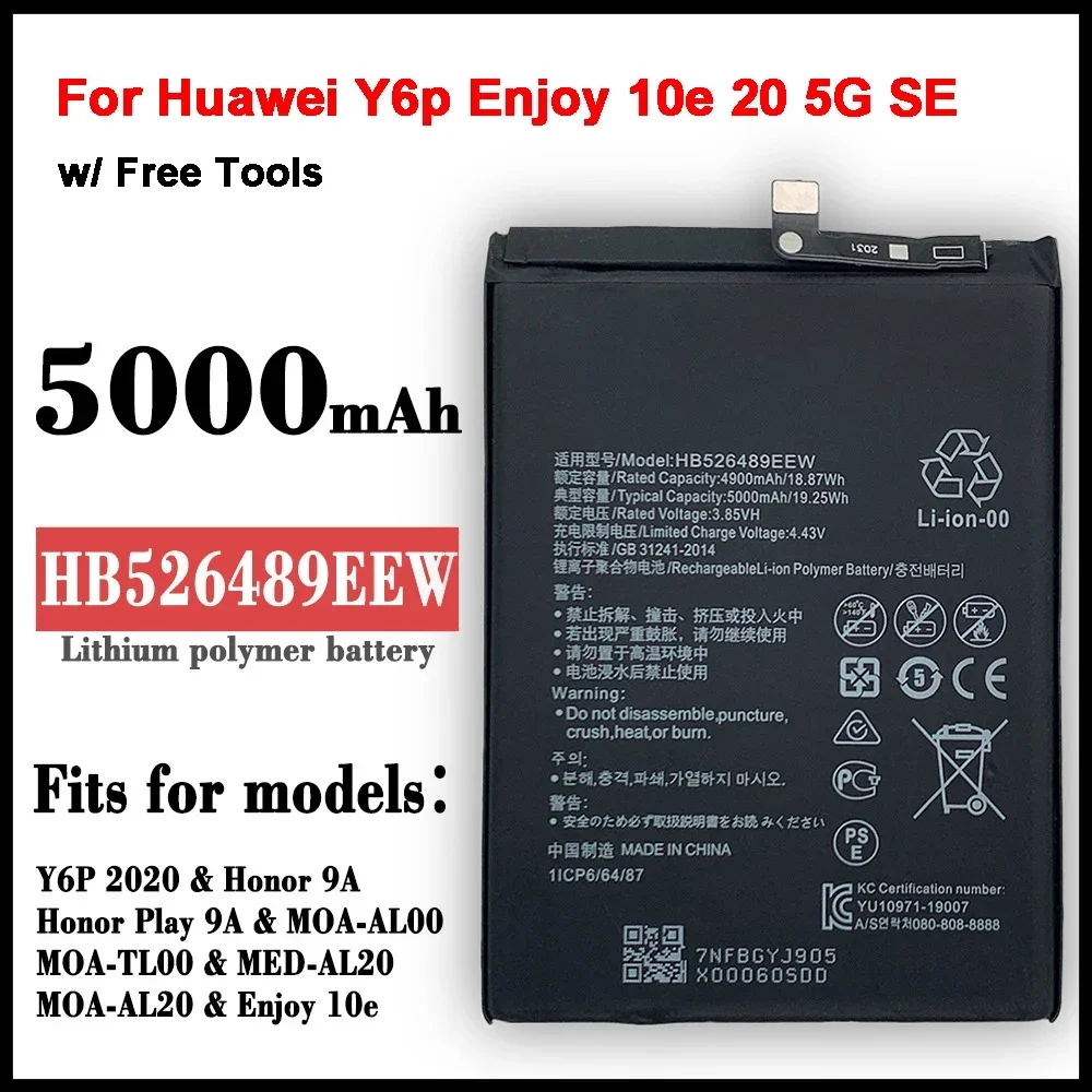 

New 5000mAh HB526489EEW Phone Battery For Huawei Y6P 2020 Honor 9A Play 9A Enjoy 10e 20 5G SE Batteries + Tools