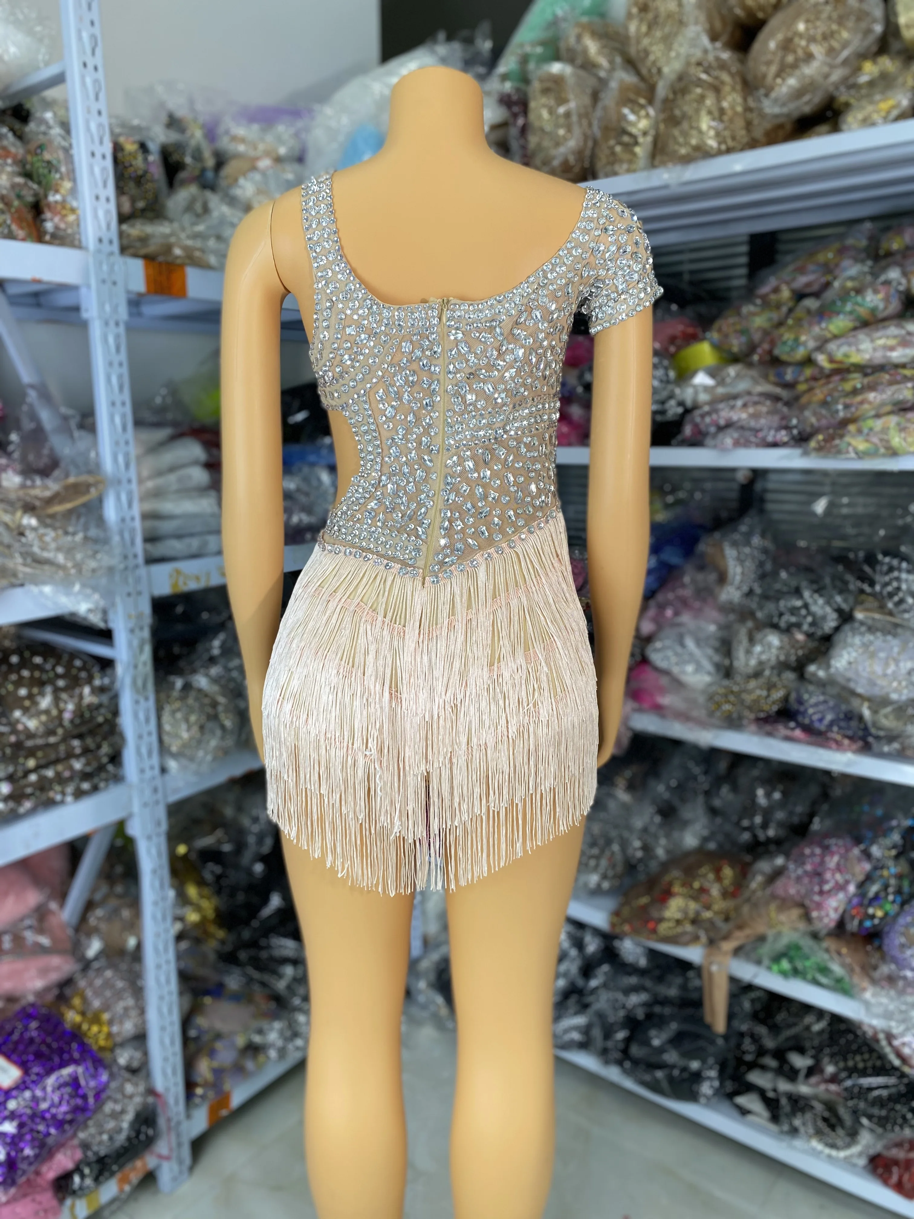 여성 라인스톤 메쉬 태슬 바디수트 드레스 섹시 컷아웃 이브닝 파티 무대 의상 볼룸 경연 라틴 댄스 드레스