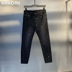 Rhinestone Jeans Men's Black Denim Small Feet Male Pants Fashion Brand Full Of Diamonds Design High-quality Trendy Trousers 36