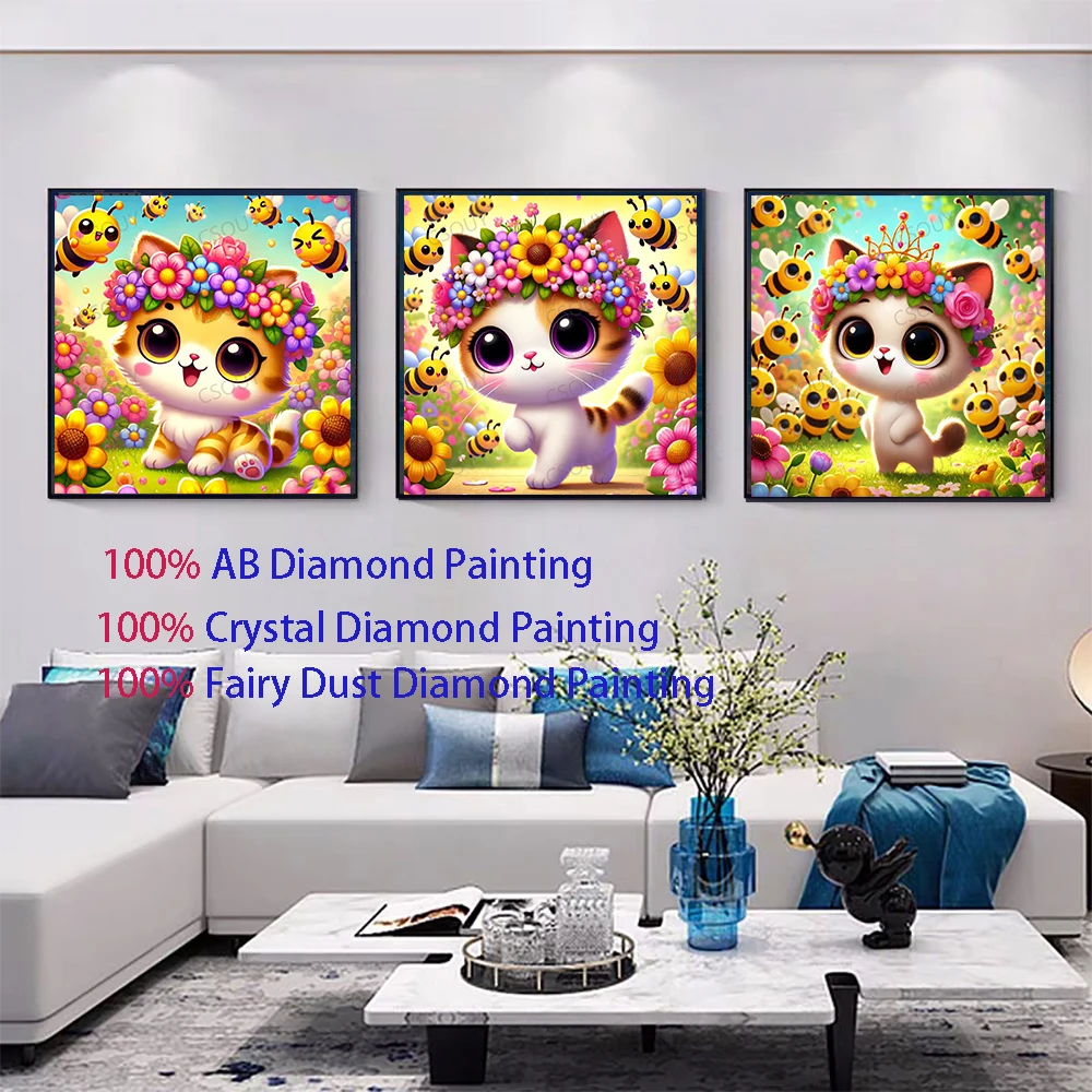 

100% Набор для алмазной вышивки «Волшебная пыль»: мультяшный кот с цветами, квадратные стразы, полная вышивка, мозаика, декор, рукоделие