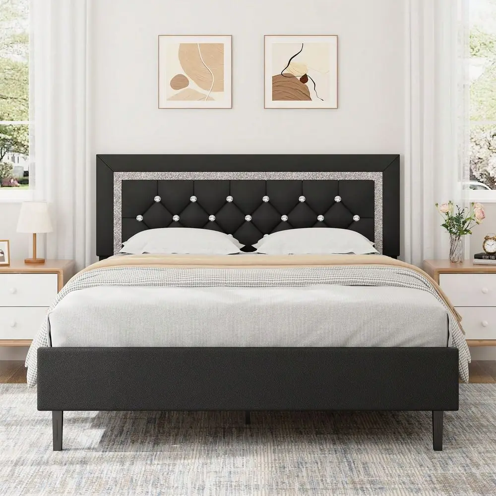 Bed Frame With Headboard, Modern Bed Frame With Diamond Tufted Headboard, PU Leather Bed Frame, No Box Spring Needed, Easy Assem