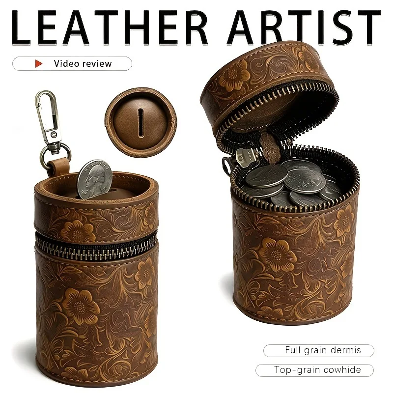 YETTIES Tirelire vintage en cuir pleine fleur fait main |   Pochette ronde à fermeture éclair grande capacité Crazy Horse pour monnaie et billets