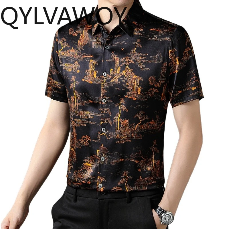 QYLVAWOY High-end Shirt Short Sleeve Men's Shirts 93% Mulberry Silk Man Shirts Luxury Man Clothing Shirts for Man Chinese Style